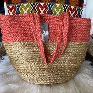 NWT HABITAT JUTE CORAL MARKET TOTE WOVEN HAND CRAFTED NATURAL BAG LARGE BEACH
